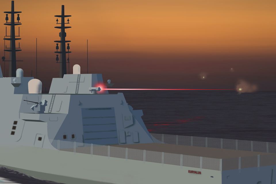 Computer Generated Image illustrating the use of DEW on a Type 26 Frigate