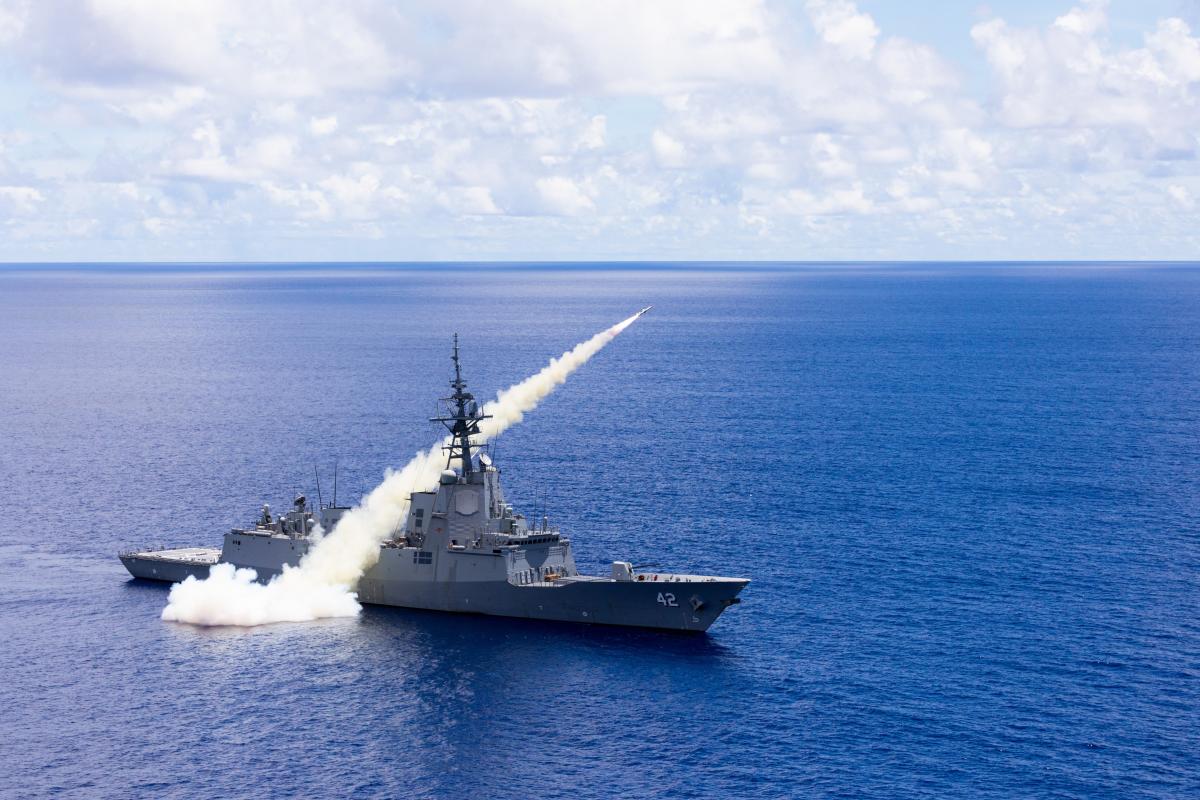 Australian destroyer strikes land target with Harpoon missile during Pacific Vanguard