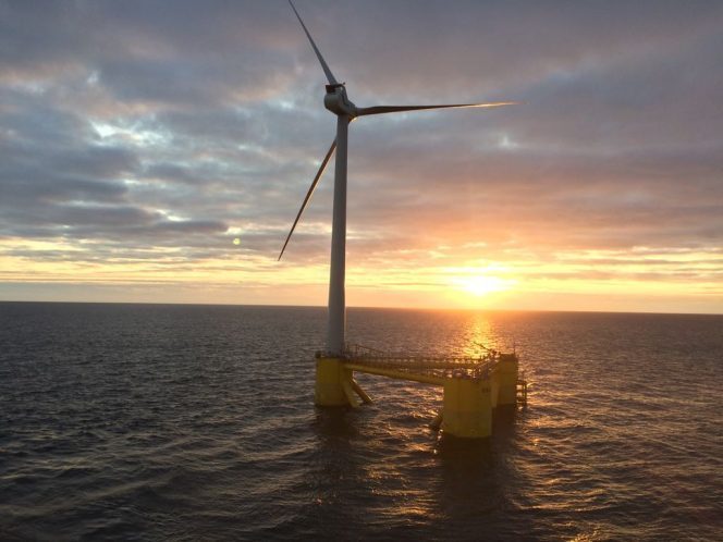 A photo of the 2 MW floating wind turbine at Kincardine sitein sunset