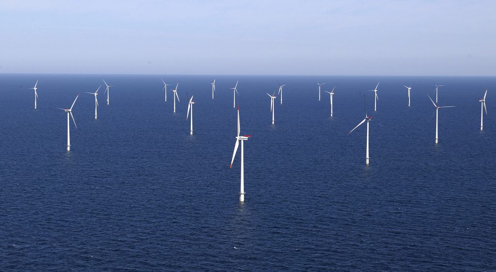 A photo of The Horns Rev 1 offshore wind farm in Denmar