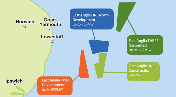 An image mapping offshore locations of each of the East Anglia Hub three projects