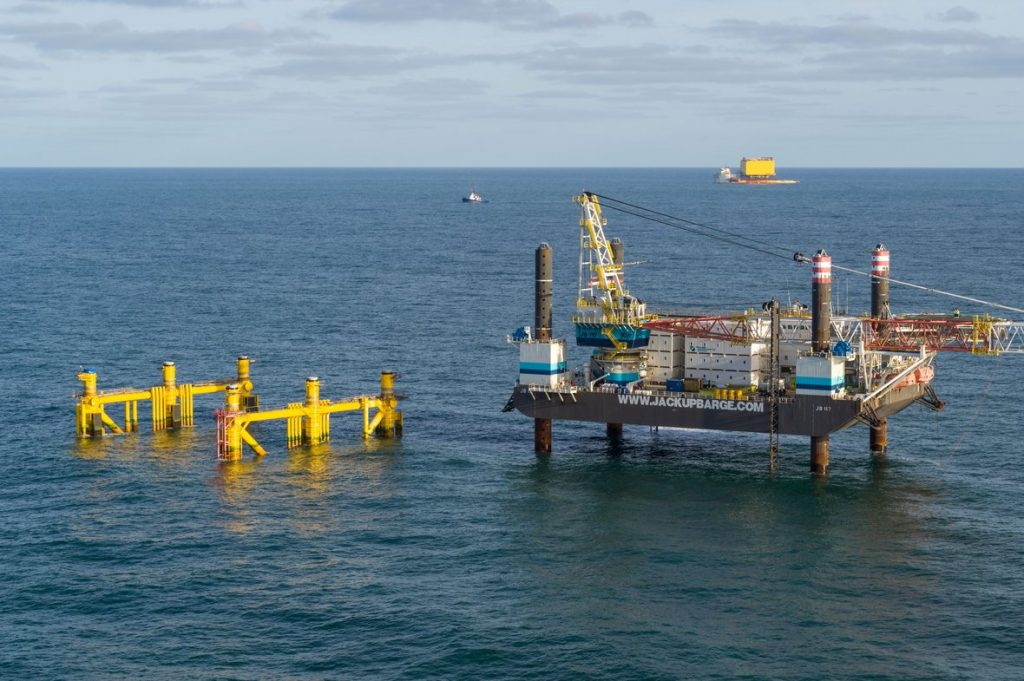 An offshore substation jacket installed at sea