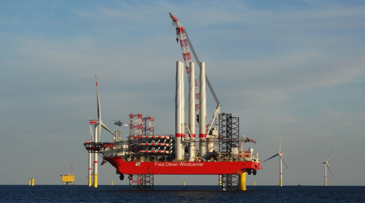 The Blue Tern vessel, built by Keppel, installing offshore wind turbines