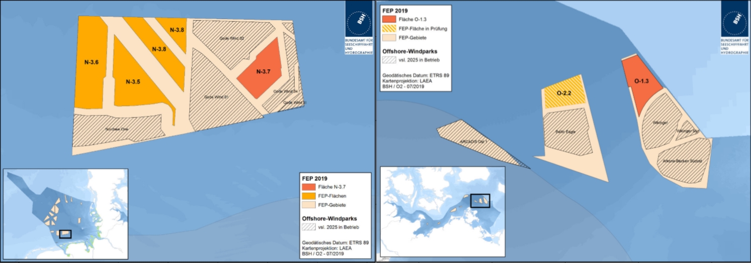BSH map images showing areas in question marked and adjacent to other wind areas at sea