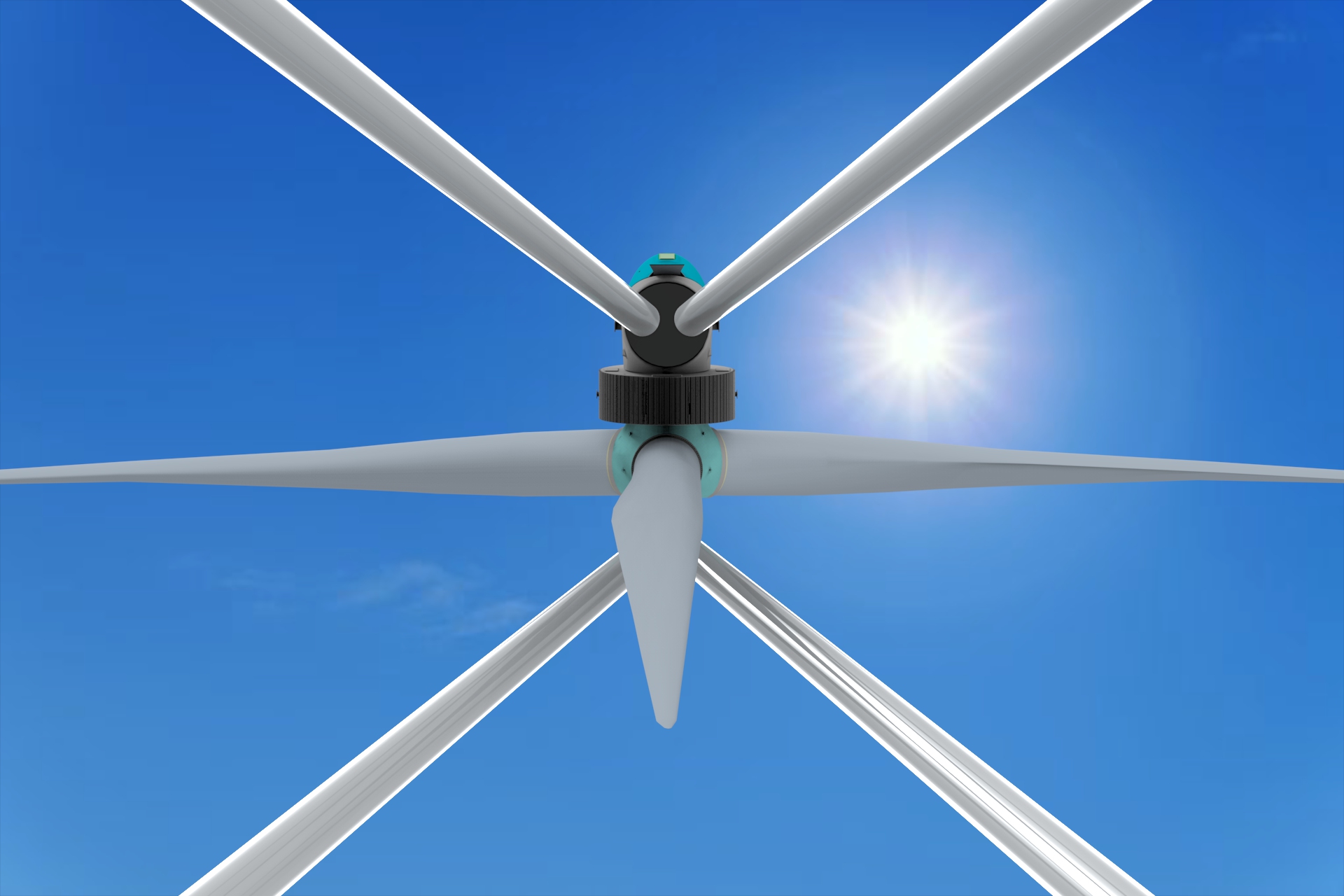 Image of Eolink's 5 MW floating wind turbine model, showing the top part with blades in focus