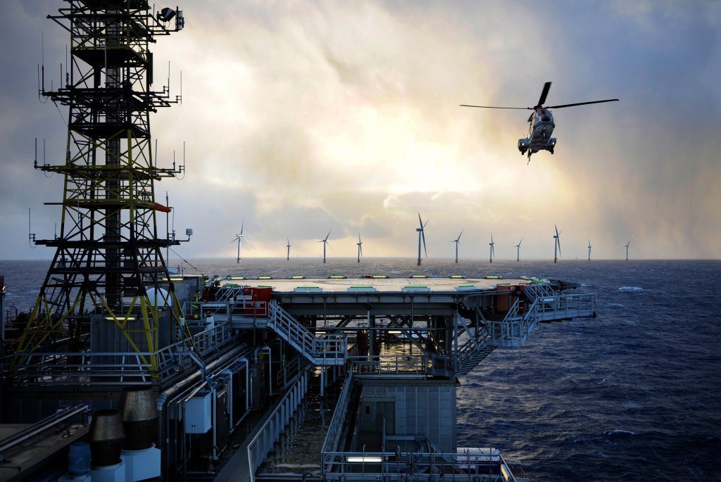 An artist impression of Equinor's Hywind Tampen project powering oil and gas platforms with floating wind power