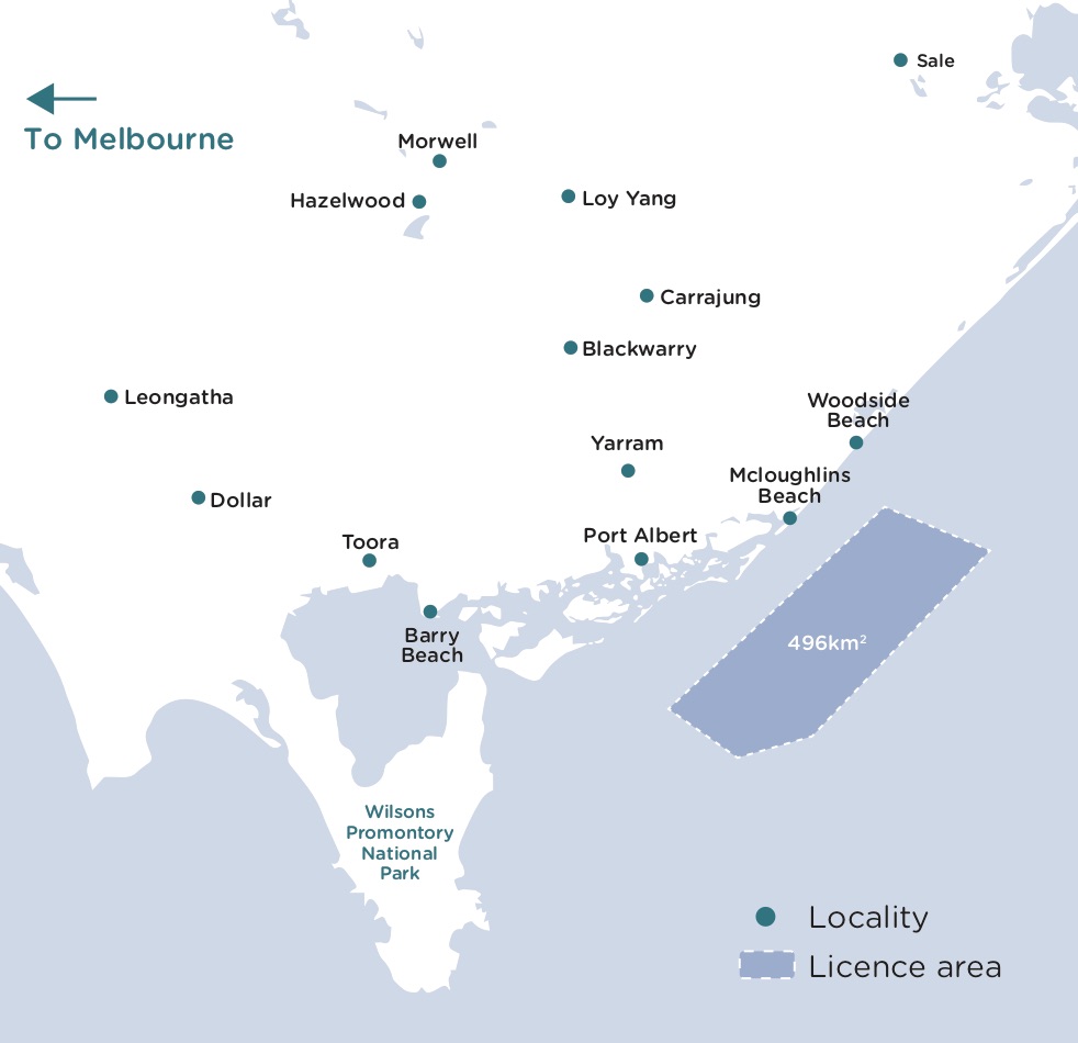 An image map showing offshore project area in relation to coastal cities and Melbourne
