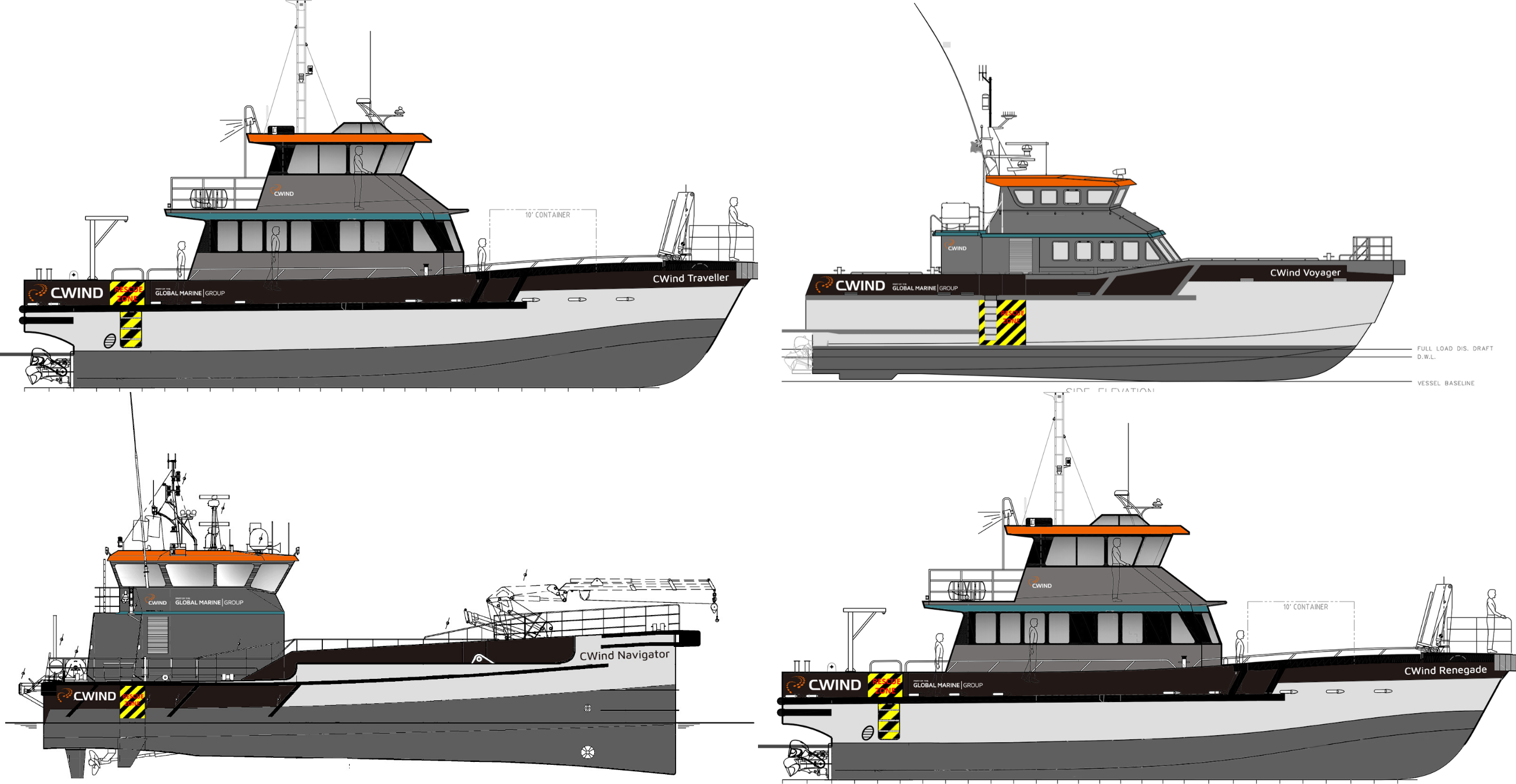 A photo rendering CWind's new crew transfer vessels