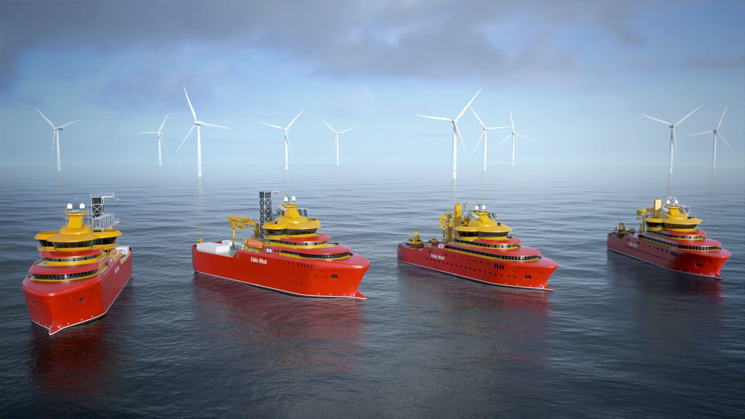 An image rendering Edda Wind's four newbuild vessels next to offshore wind turbines