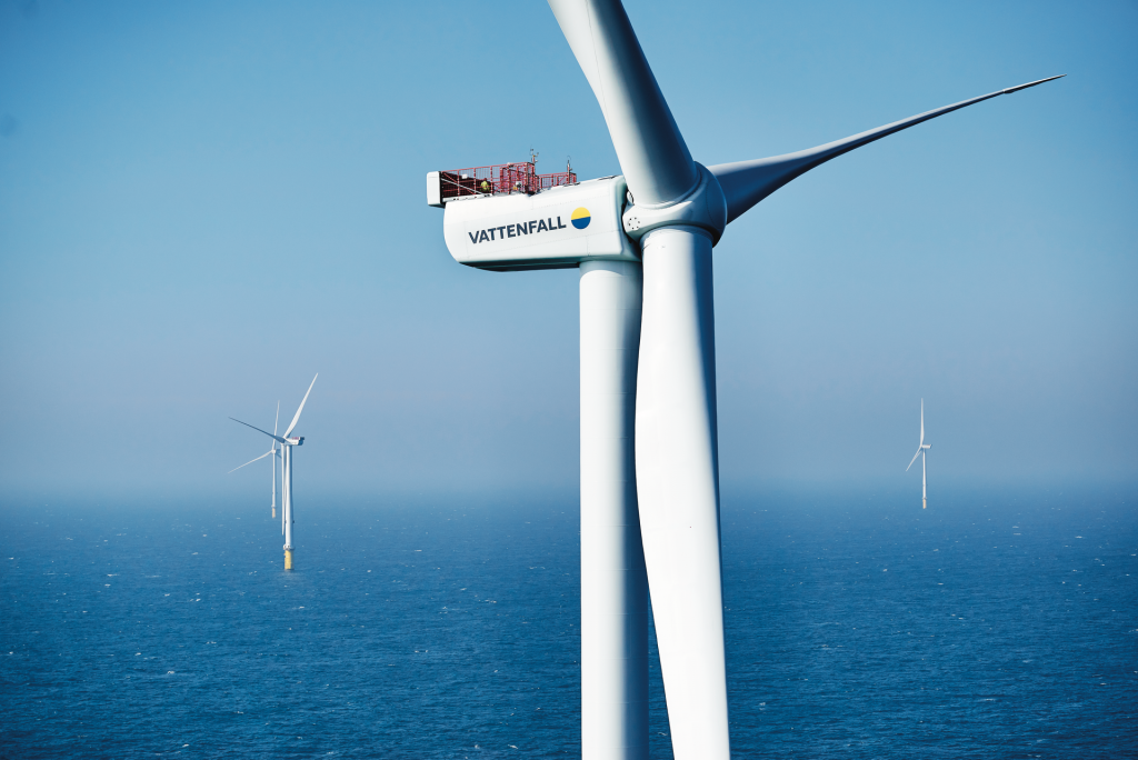 A photo of the Horns Rev 3 offshore wind farm with close-up of wind turbine