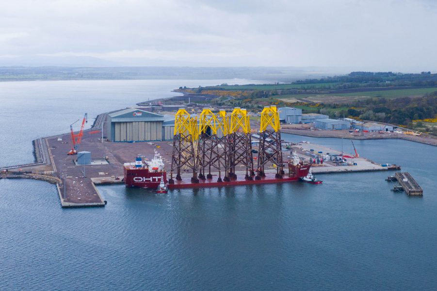 A photo of Moray East jacket foundations at the Port of Nigg