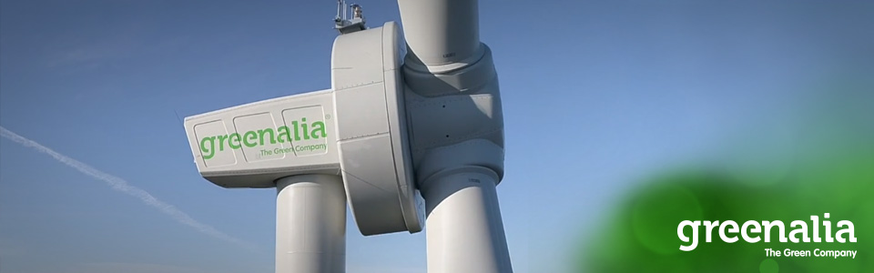 A photo of a close-up of a wind turbine nacelle with Greenalia logo