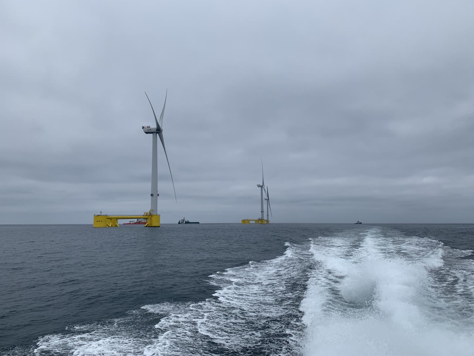A photo of the WindFloat Atlantic site with all three turbines in place