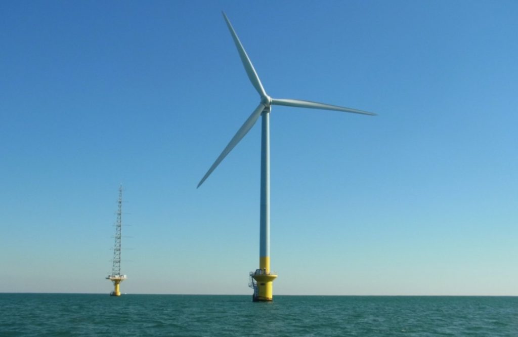 Offshore wind turbine and a met mast at TEPCO project site off Japan