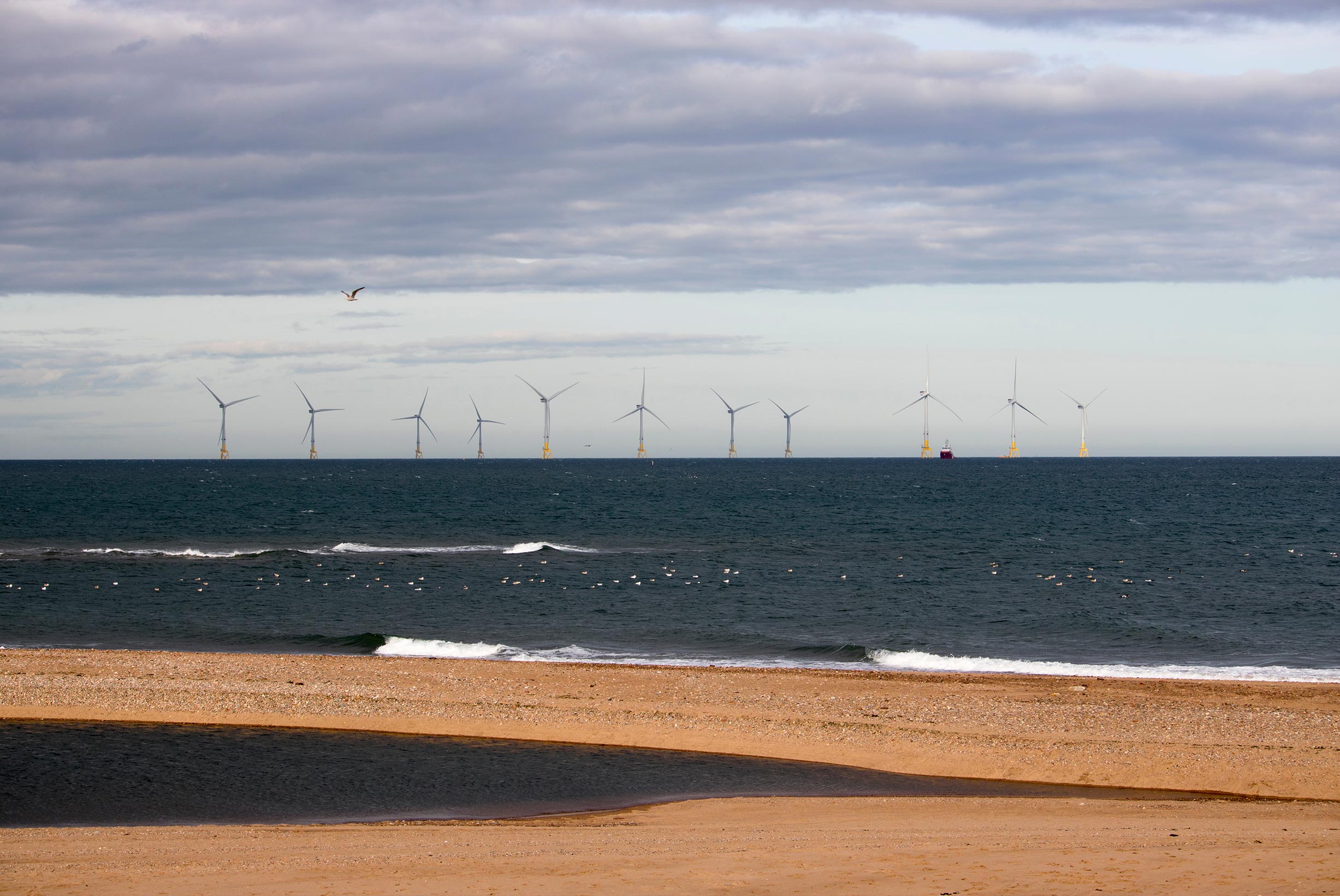 A photo of an offshore wind farm taken from shore