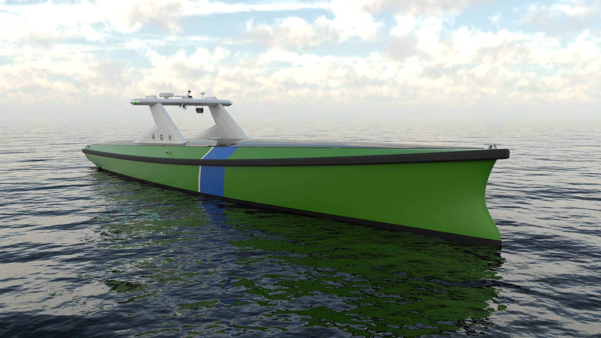 Image rendering a green-coloured autonomous guard vessel at sea