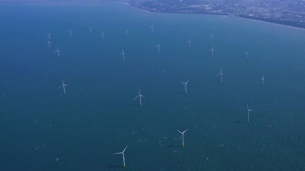 An aerial photo of the Forosa 1 offshore wind farm in Taiwan, co-owned by Orsted