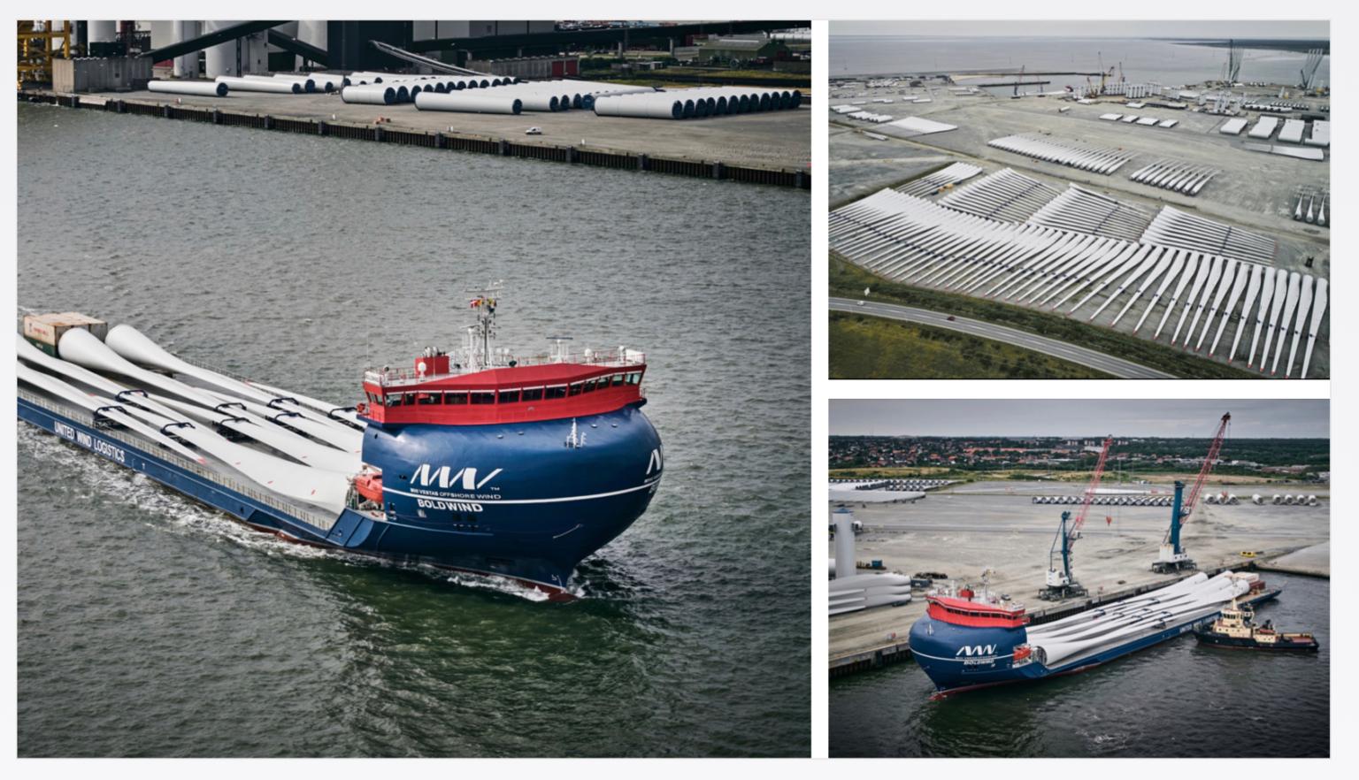 MV BoldWind deck carrier arriving to Port of Esbjerg, three-photo collage of the vessel carrying blades and turbine components at the port's site