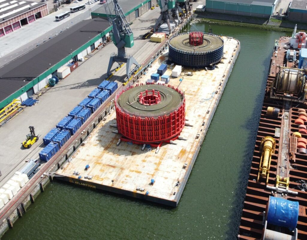 The barge with HKZ Alpha cables on carousels onboard docked in Port of Rotterdam