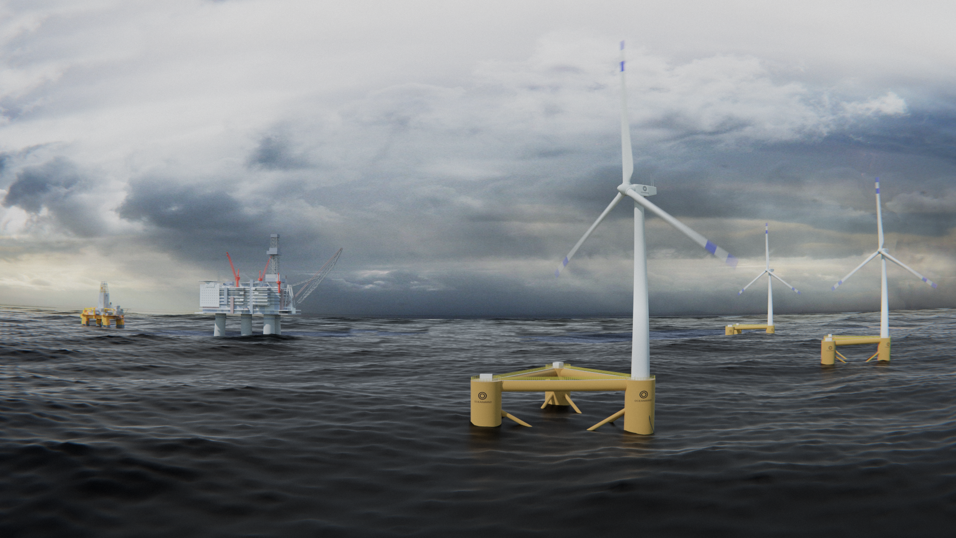 An image rendering floating wind turbines that will power an offshore rig