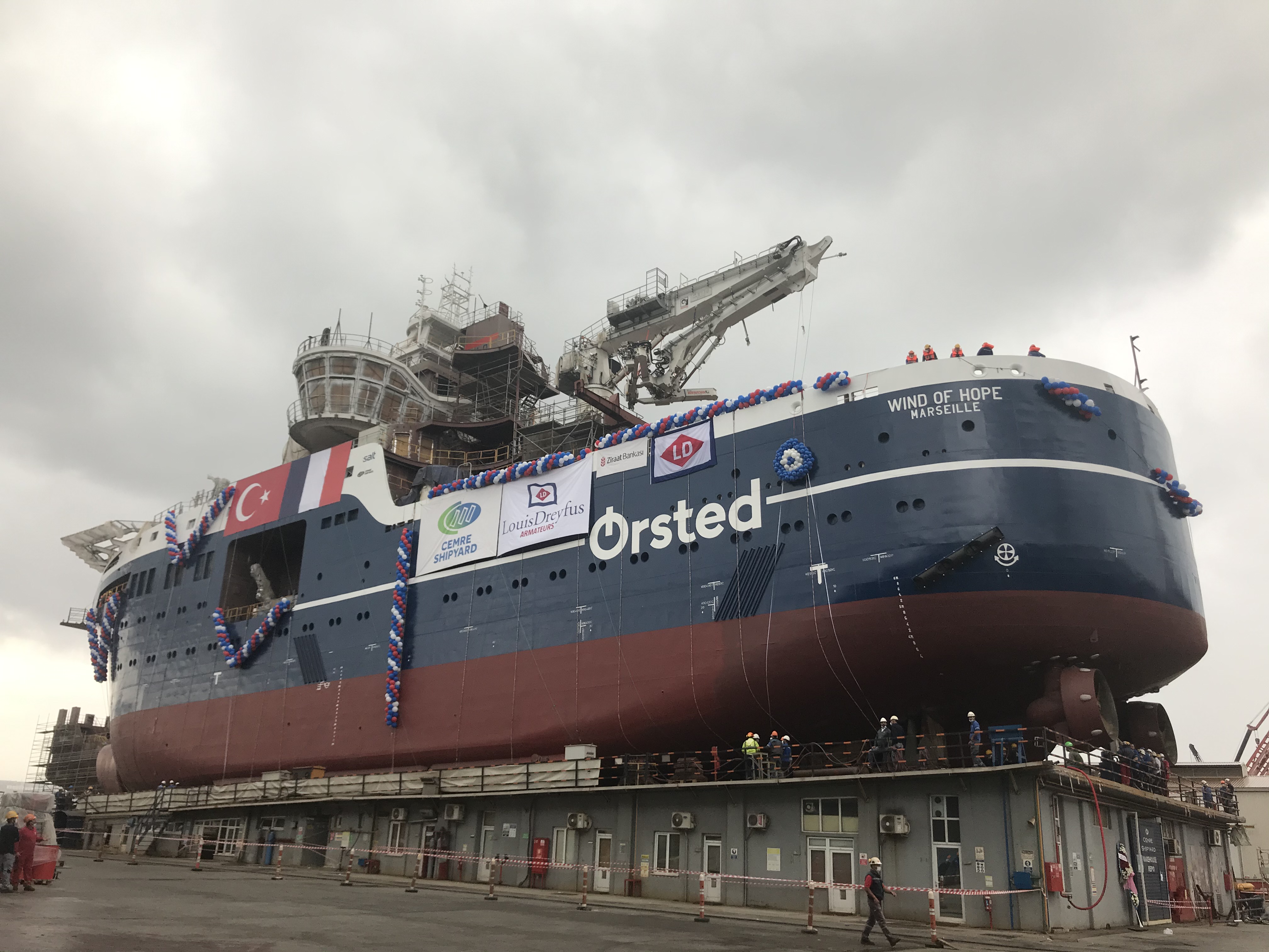 The Wind of Hope SOV at Cemre shipyard in Turkey during launching ceremony