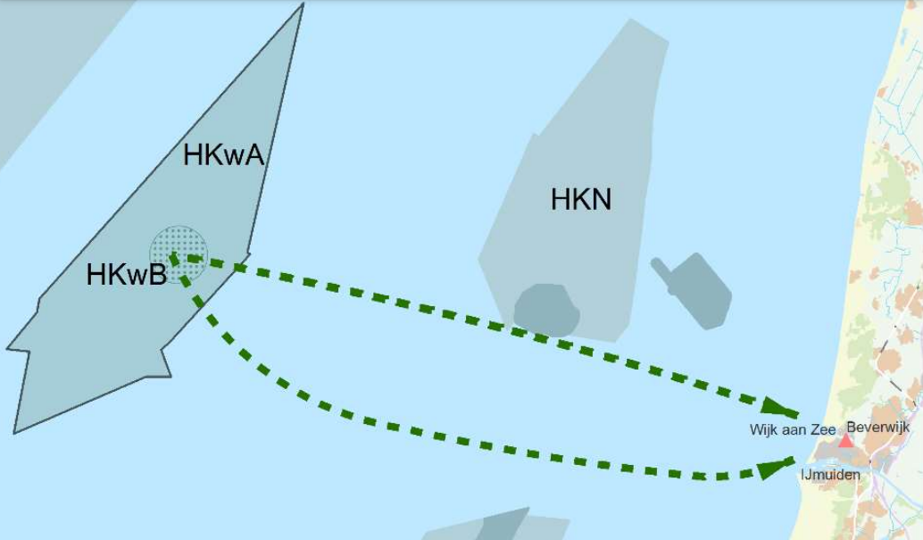 An image mapping the cable link from Hollandse Kust West Beta platform to land