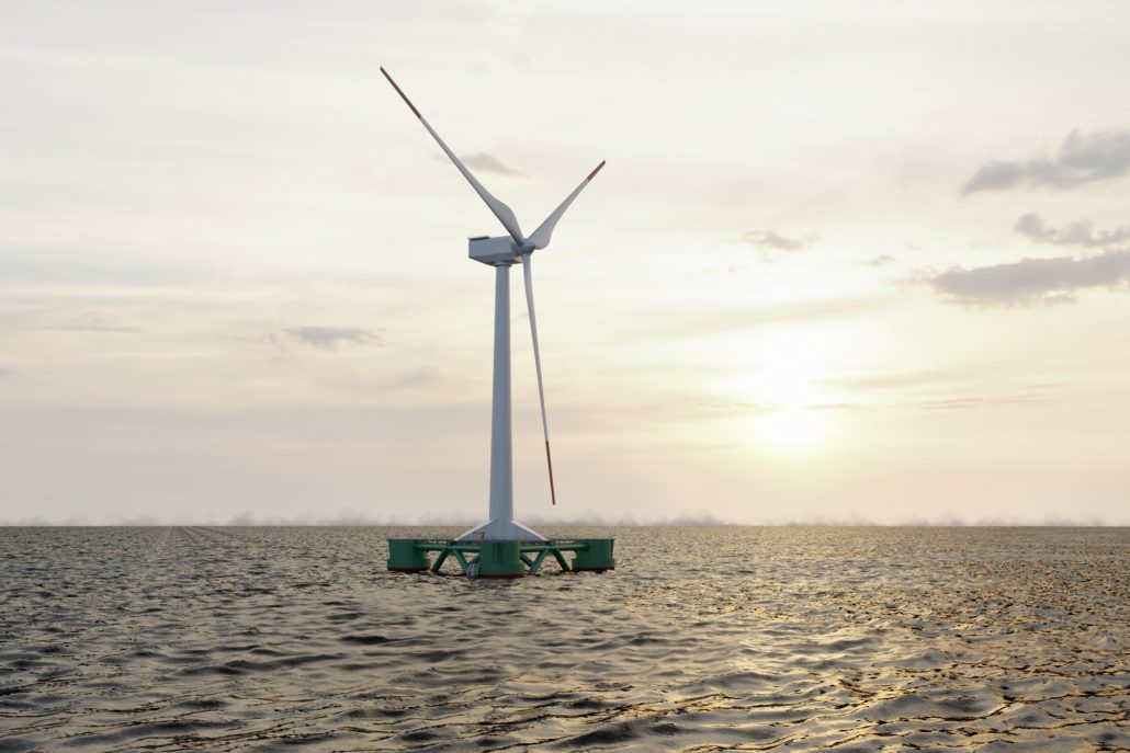 The TrussFloat floating wind platform with a wind turbine offshore