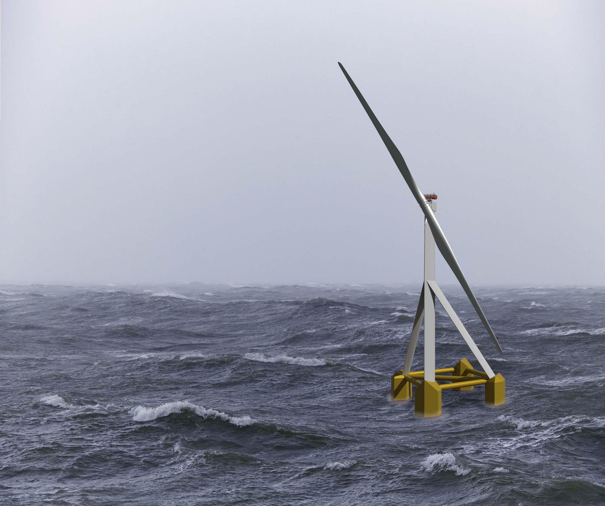 An image rendering a two-blade floating wind turbine at sea