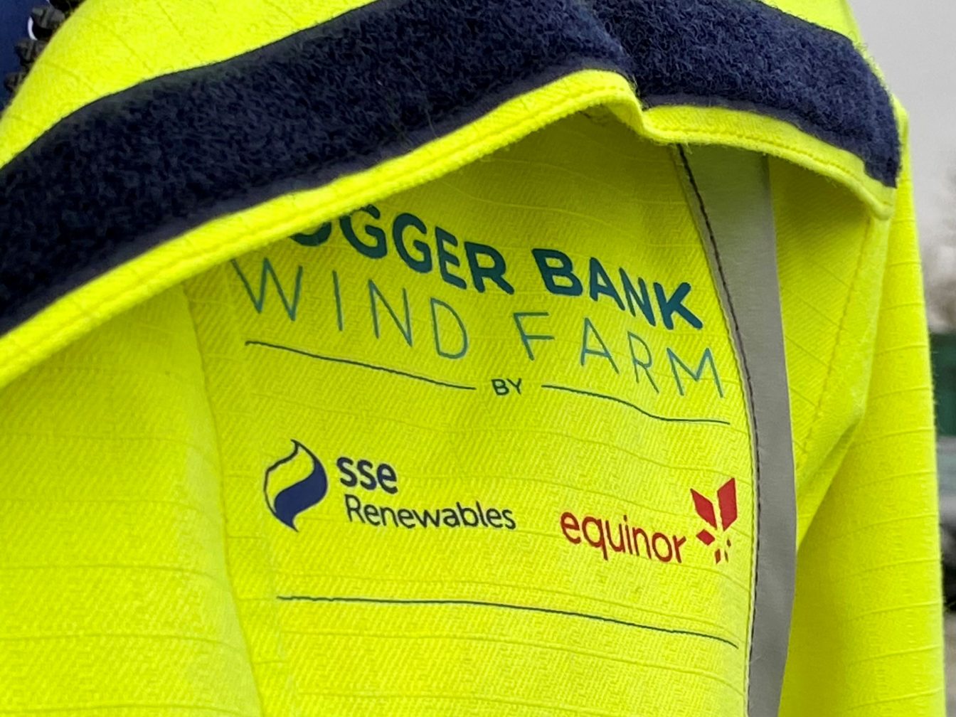 A close-up of a Dogger Bank Wind Farm jacket with project and developers' logos