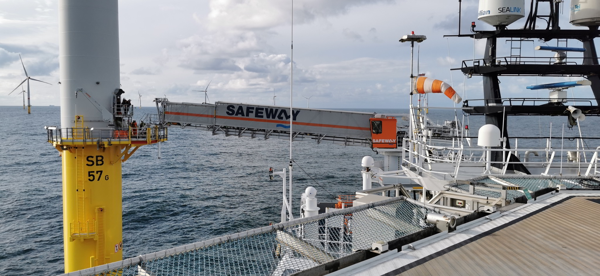 The Safeway gangway on board Olympic Commander vessel docking on a Sandbank offshore wind turbine