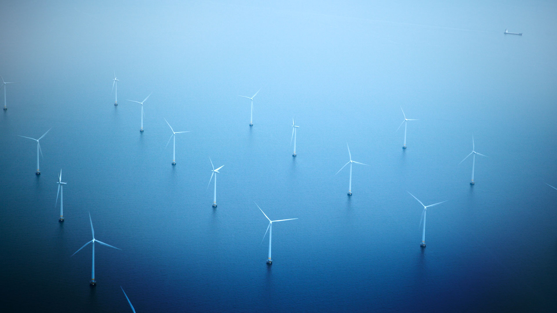 An image of an offshore wind farm, aerial view