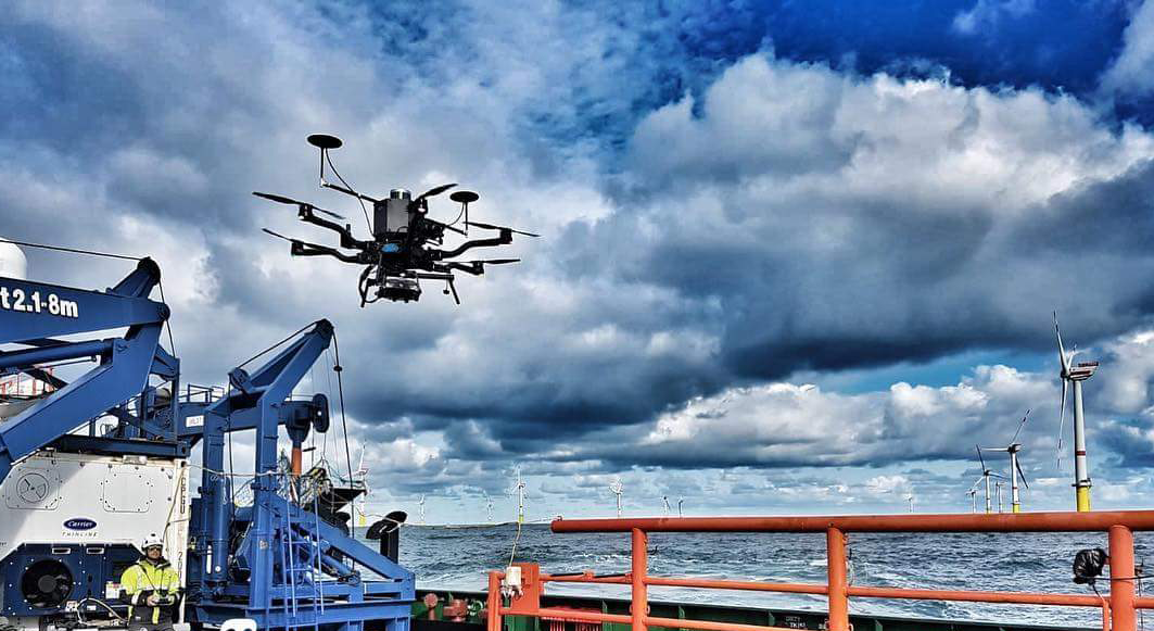 A SkySpecs drone during inspection at an offshore wind farm