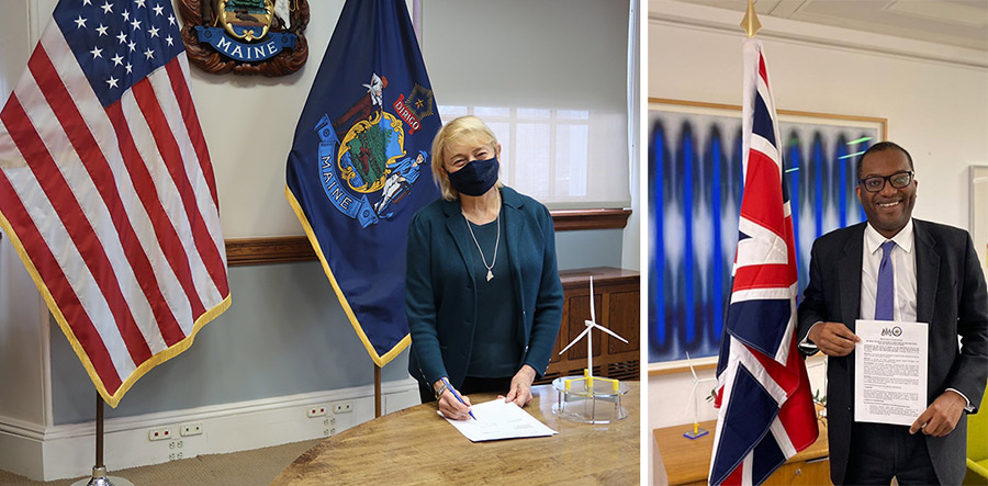 A side-by-side photo of Maine Governor and UK Energy Minister each with a signed document