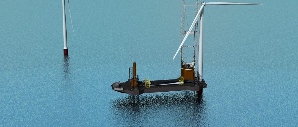 An image rendering an installation vessel installing an offshore wind turbine