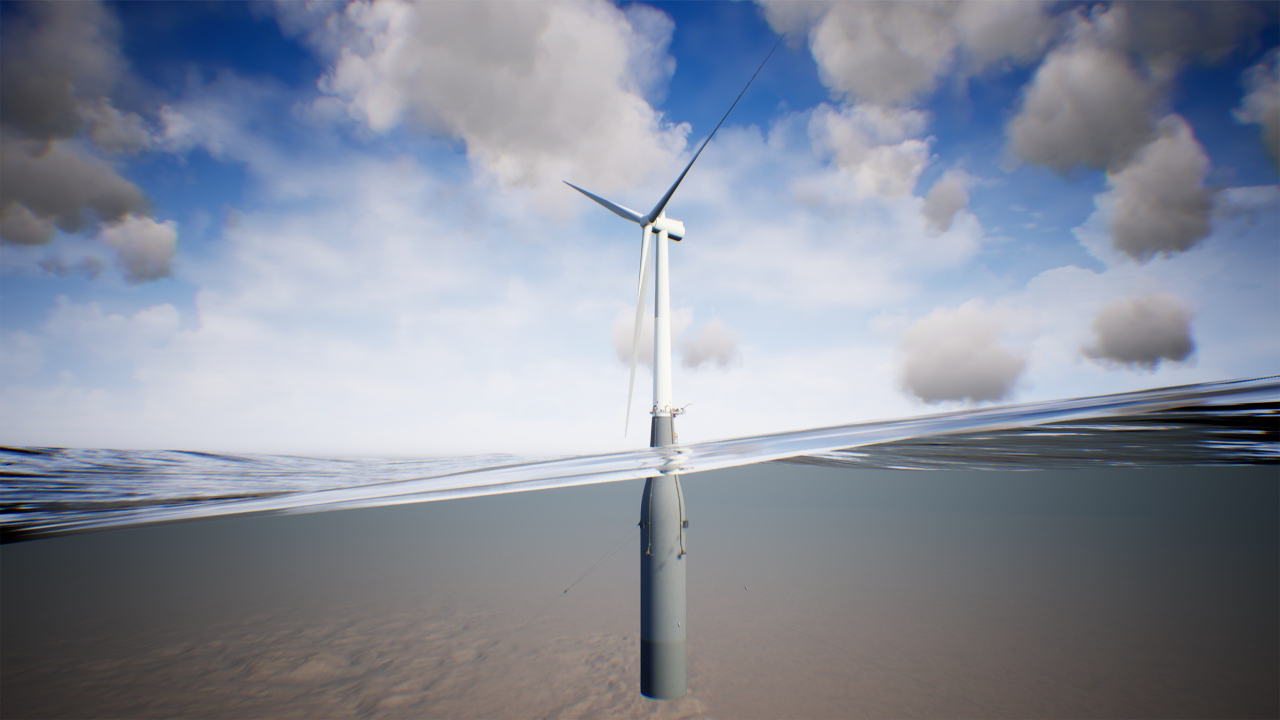 An image illustrating a Hywind Tampen floating wind turbine above and under water