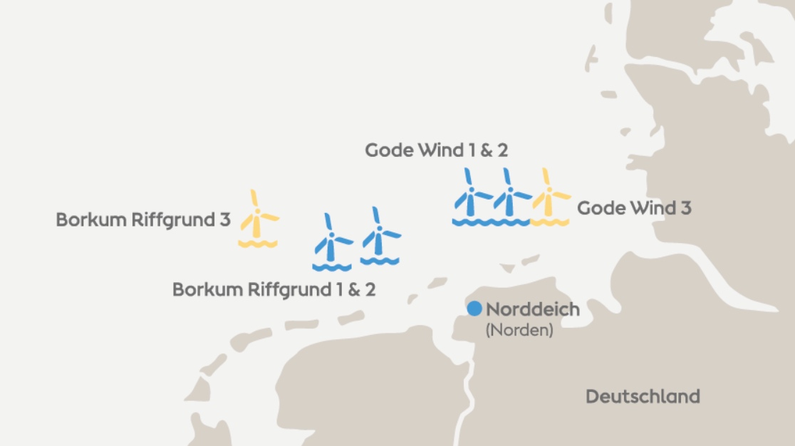 An image mapping Ørsted's Gode Wind and Borkum Riffgrund projects offshore Germany