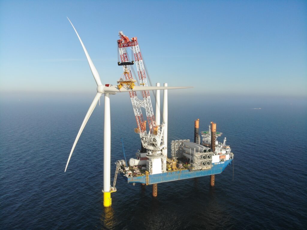 Wind turbine installation at Kriegers Flak offshore wind farm in Denmark