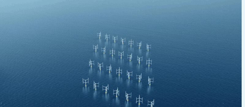 Vertical axis wind turbines at sea in wind farm formation, artist impression