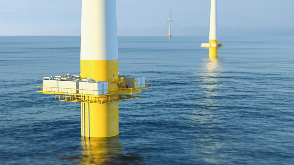 An image showing AquaVentus offshore wind turbines with electroloysers on foundation platforms