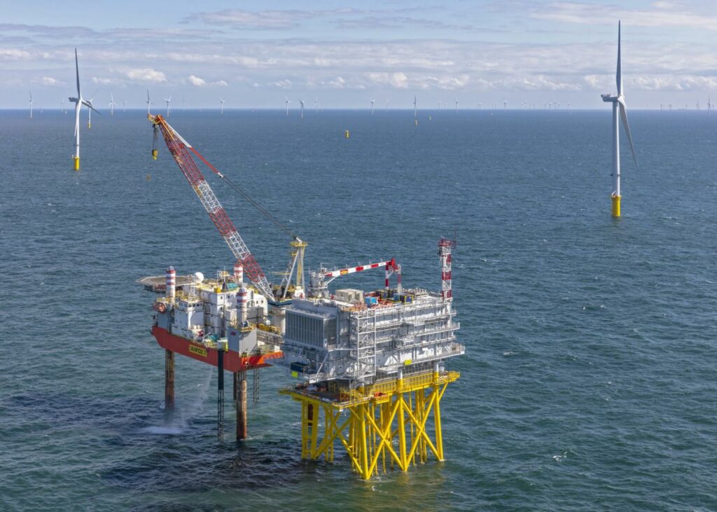 A photo of the Borssele Beta offshore transformer platfrom being installed in the North Sea, off the Netherlands