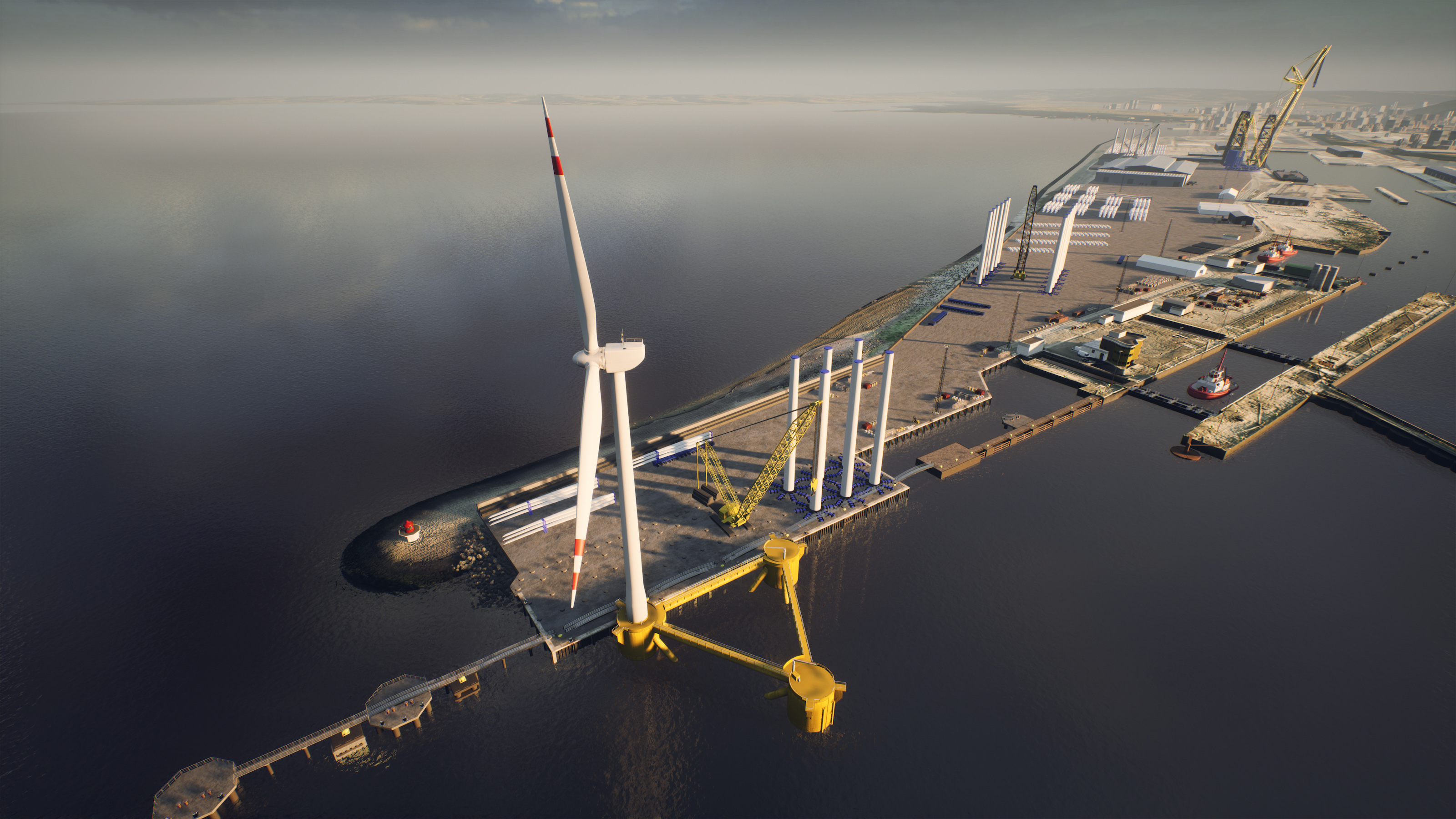 An artist's impression of the planned new Leith outer berth with Floating Foundation and Turbine