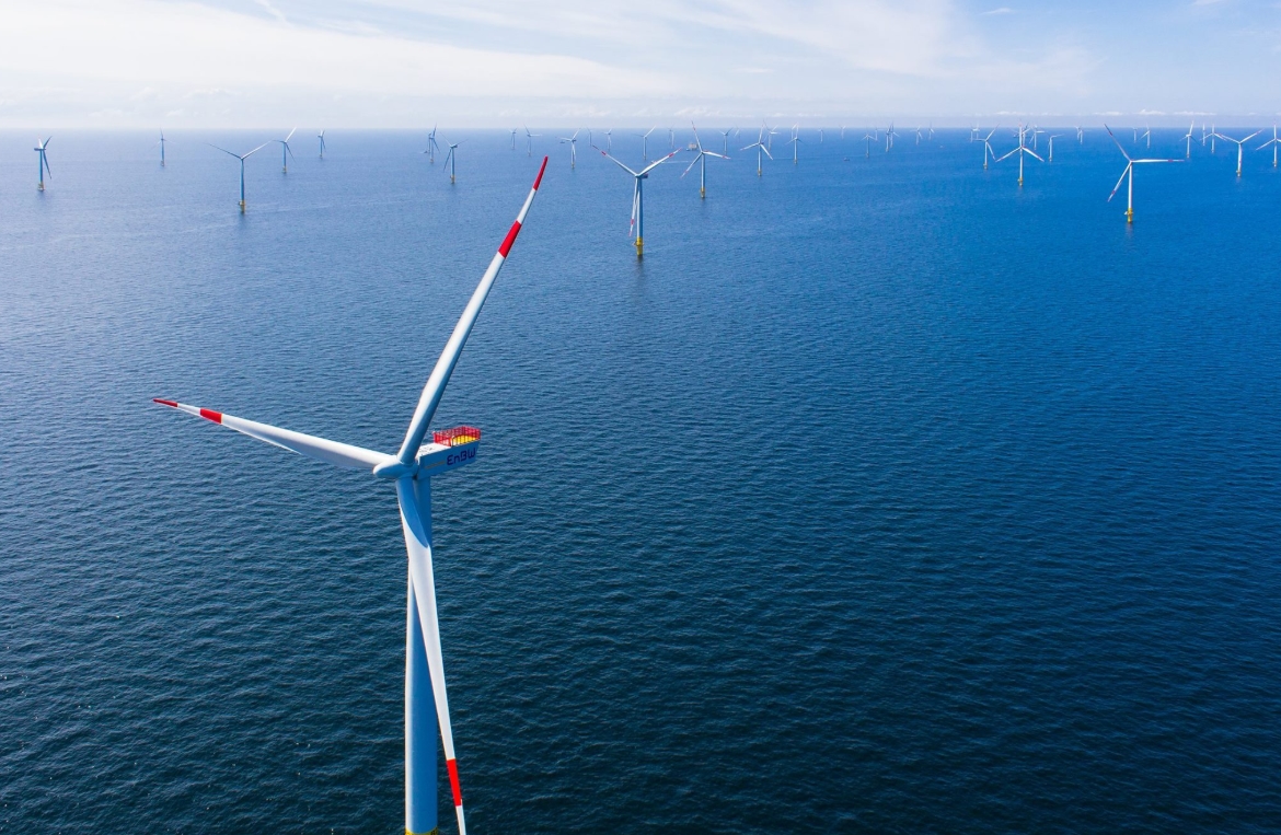 A photo of an EnBW offshore wind farm, aerial view