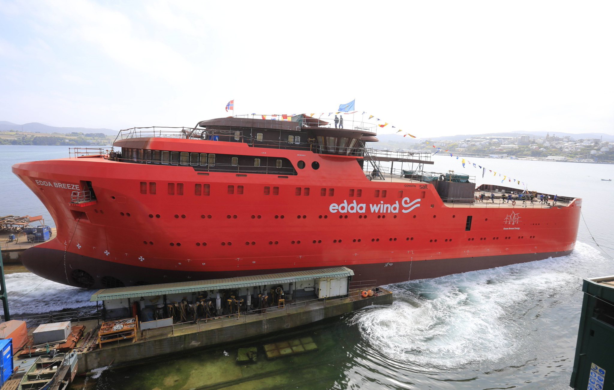 A photo of the first Edda Wind CSOV being launched into water