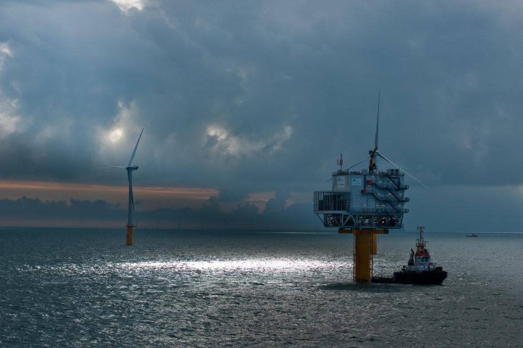 A photo of a Parkwind offshore wind farm and its substation