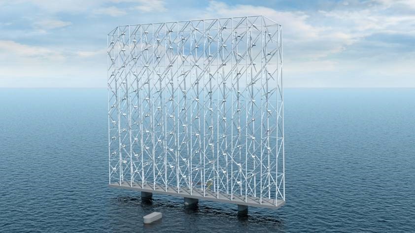 An illustration of one Wind Catching floating wind platform at sea