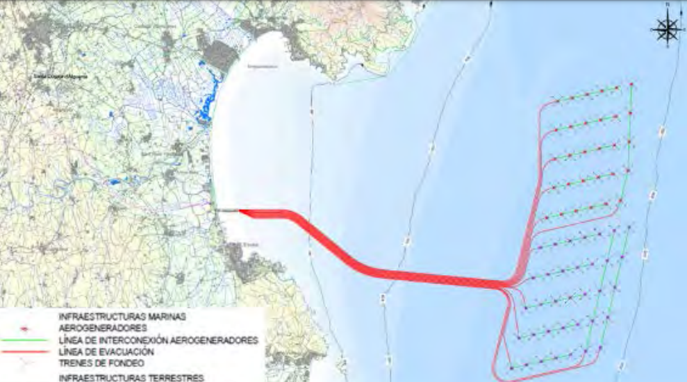 A map showing wind turbine and export cable locations of the Parc Tramuntana wind farm