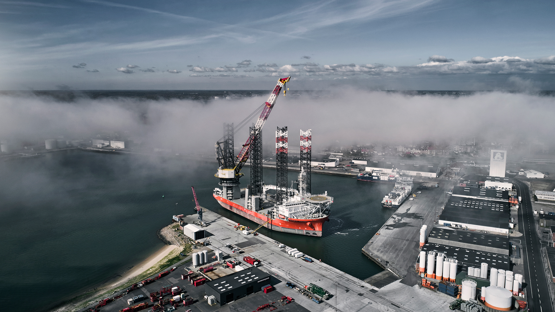 An aerial photo of the Wind Osprey vessel in port