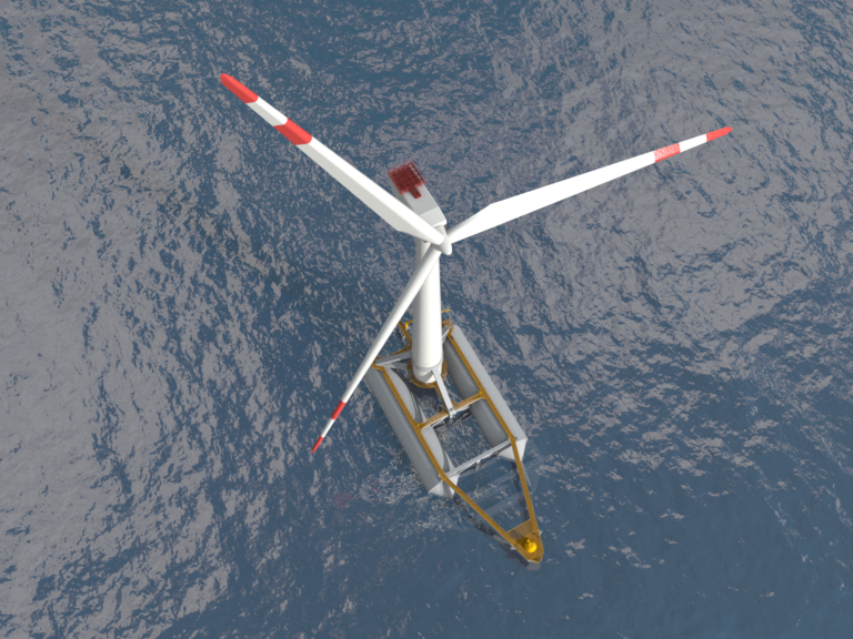 An image showing Saitec's floating wind turbine, aerial view