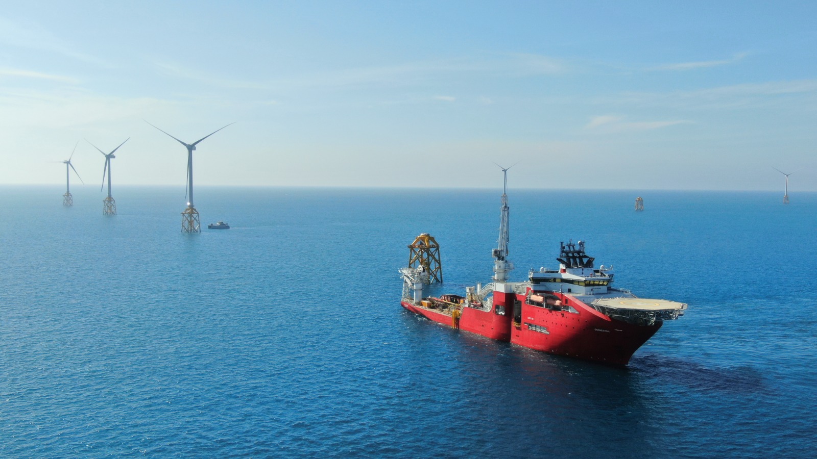 A photo by Jan De Nul showing the installation of the final turbine at the TPC Changhua Phase 1 offshore wind farm