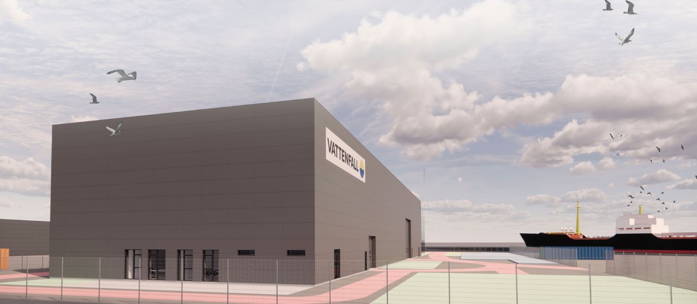 A photo rendering Vattenfall's new warehouse at the Port of Esbjerg